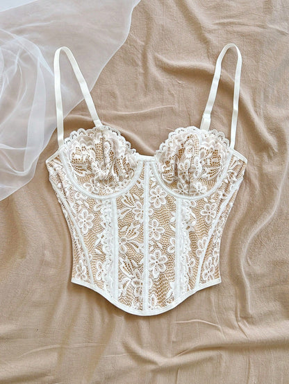 Soleia Elegant Beige Floral Lace Trim Bustier Camisole,Fitted Shaping Support Vacation Camis,Party,Valentine's Day,Beach Cruise,Date,Spring,No Chest Padding