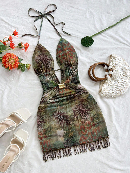 Soleia Green Floral Women's Mini Dress,Elegant Tropical Chic Metal Decor Beaded Tassel Backless Halter Beach Wedding Guest No Chest Padding