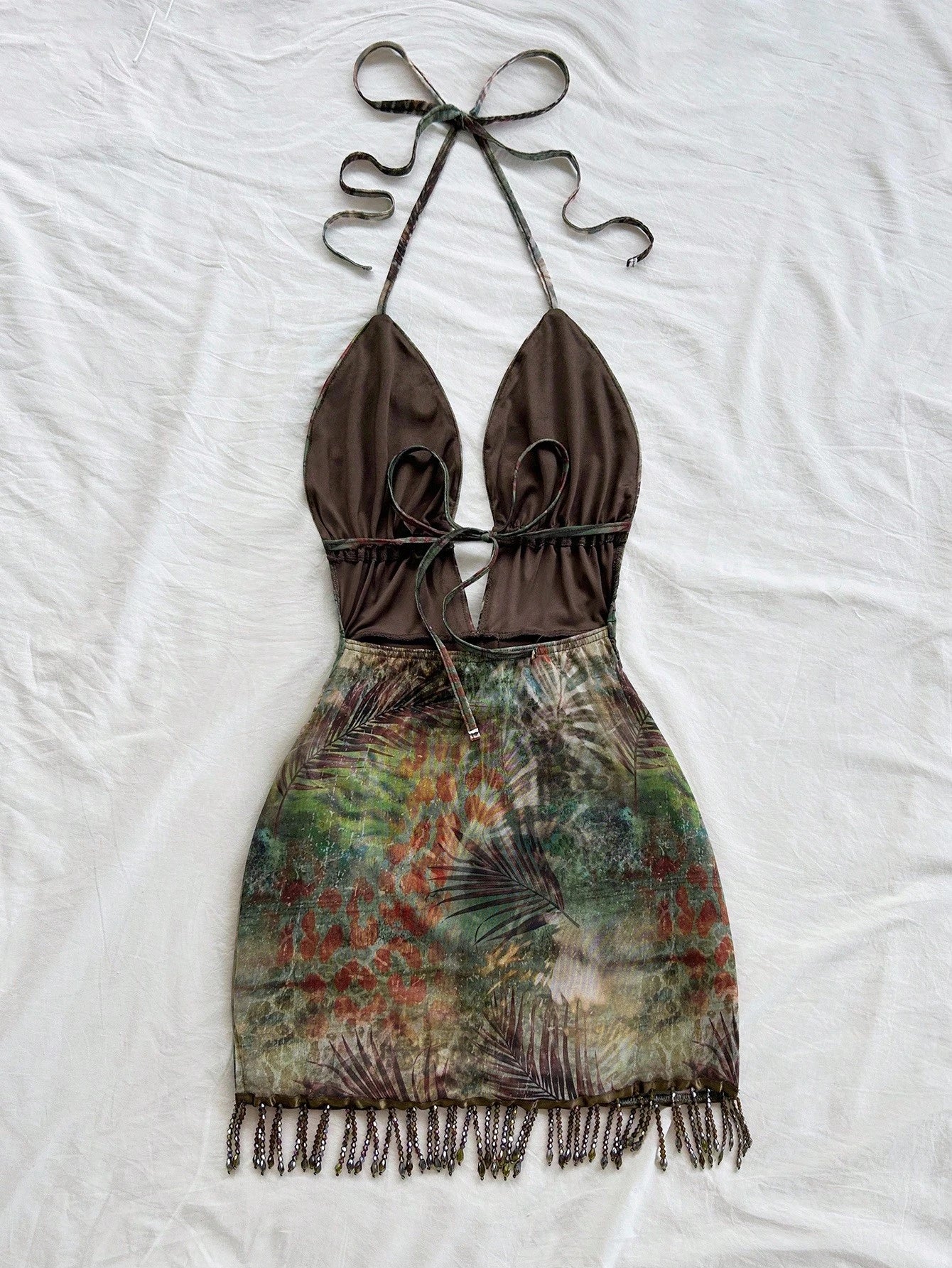 Soleia Green Floral Women's Mini Dress,Elegant Tropical Chic Metal Decor Beaded Tassel Backless Halter Beach Wedding Guest No Chest Padding