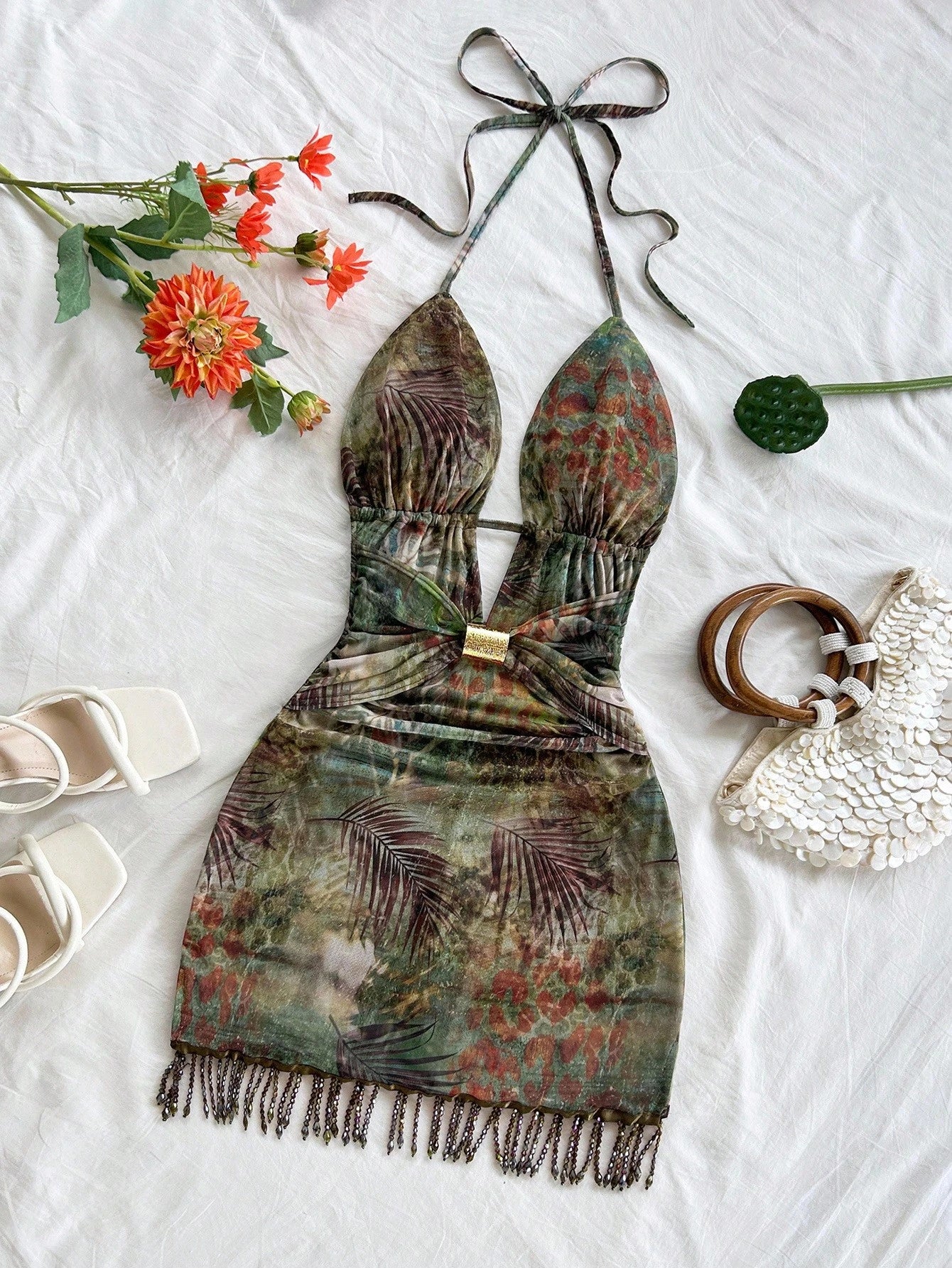 Soleia Green Floral Women's Mini Dress,Elegant Tropical Chic Metal Decor Beaded Tassel Backless Halter Beach Wedding Guest No Chest Padding