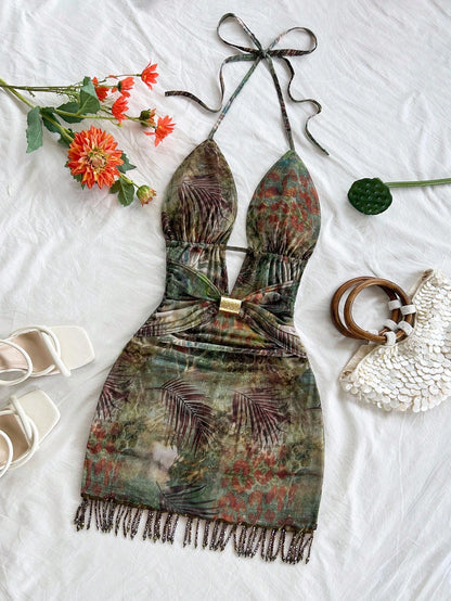 Soleia Green Floral Women's Mini Dress,Elegant Tropical Chic Metal Decor Beaded Tassel Backless Halter Beach Wedding Guest No Chest Padding