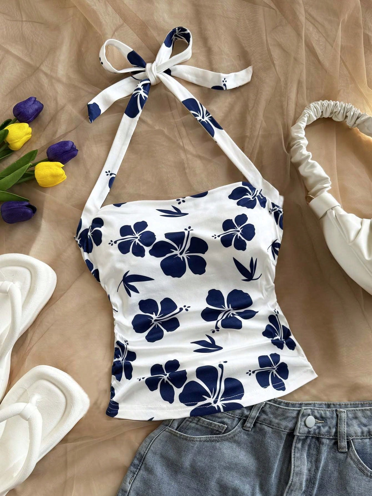 Soleia New Women's Summer Vacation Halter Tie Strap Cami Tank Top No Chest Padding