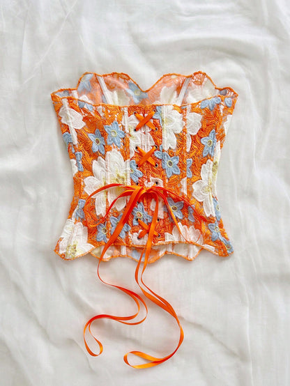 Soleia Orange Floral Summer Boho Holiday Vacation Holiday Bandeau Lace Double-Layer Fitted Corset Bustier Top, Hollow Embroidered, Women No Chest Padding
