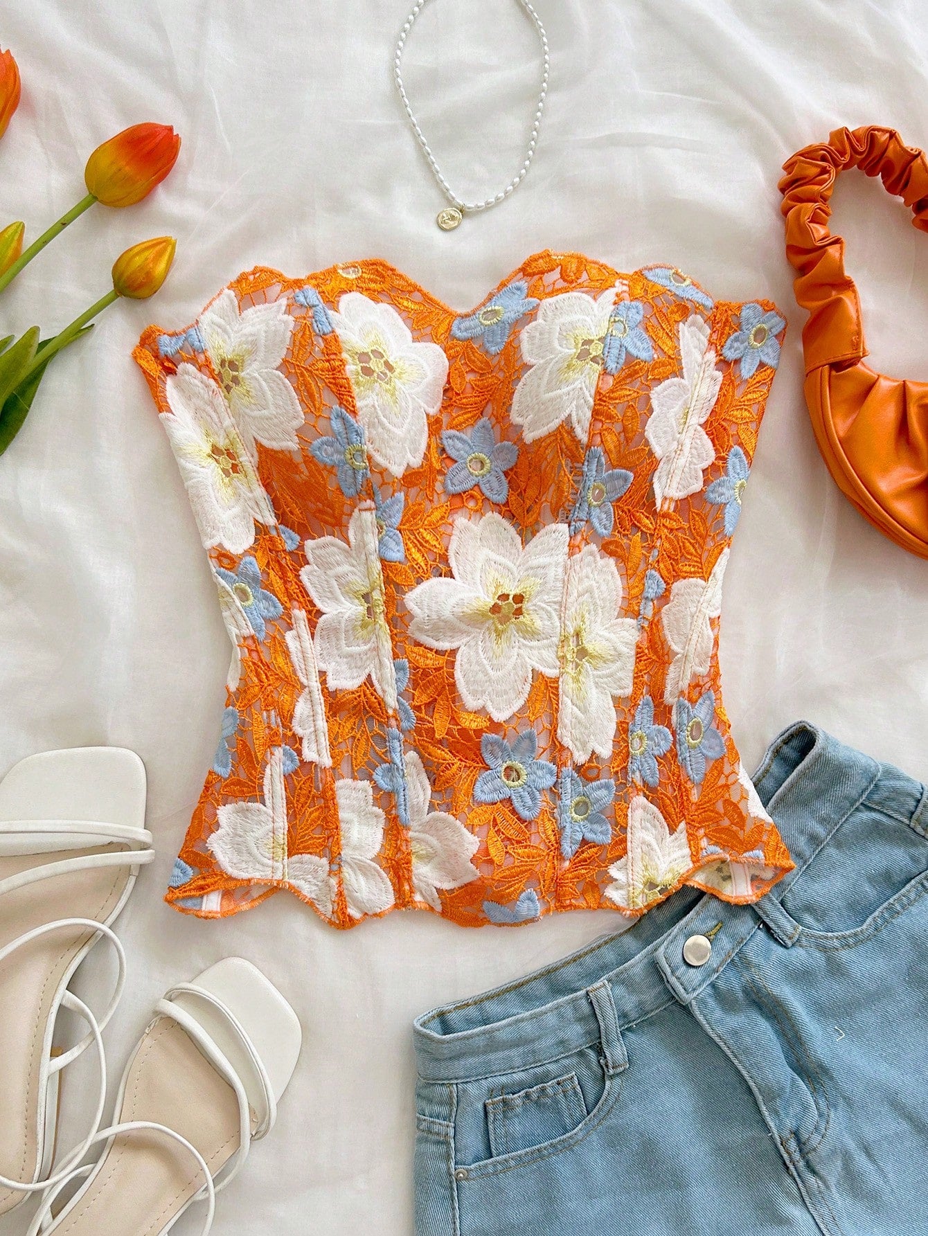 Soleia Orange Floral Summer Boho Holiday Vacation Holiday Bandeau Lace Double-Layer Fitted Corset Bustier Top, Hollow Embroidered, Women No Chest Padding