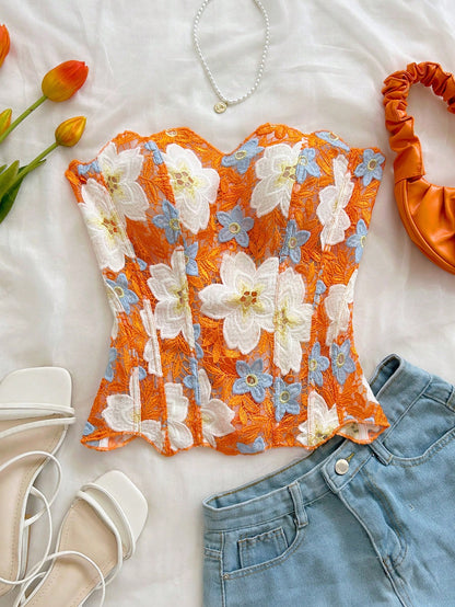 Soleia Orange Floral Summer Boho Holiday Vacation Holiday Bandeau Lace Double-Layer Fitted Corset Bustier Top, Hollow Embroidered, Women No Chest Padding