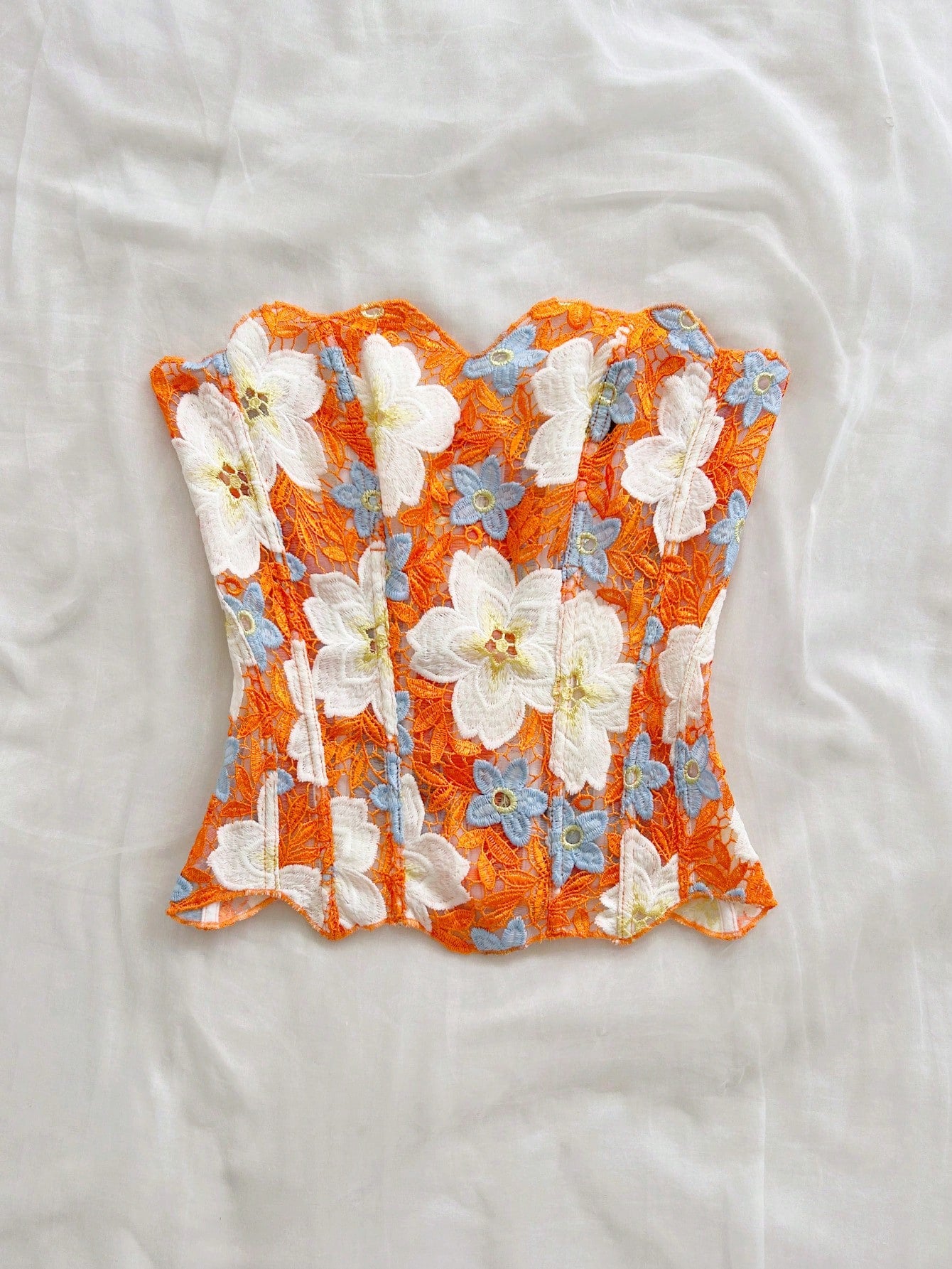 Soleia Orange Floral Summer Boho Holiday Vacation Holiday Bandeau Lace Double-Layer Fitted Corset Bustier Top, Hollow Embroidered, Women No Chest Padding