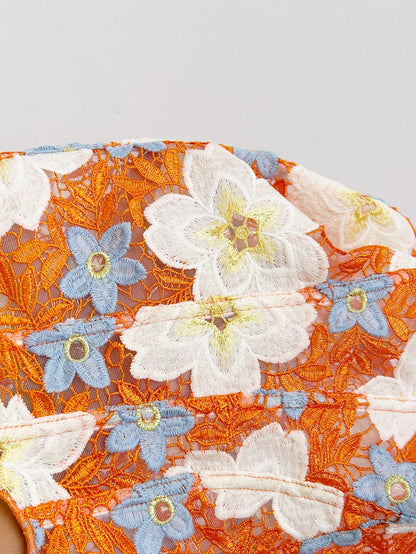 Soleia Orange Floral Summer Boho Holiday Vacation Holiday Bandeau Lace Double-Layer Fitted Corset Bustier Top, Hollow Embroidered, Women No Chest Padding