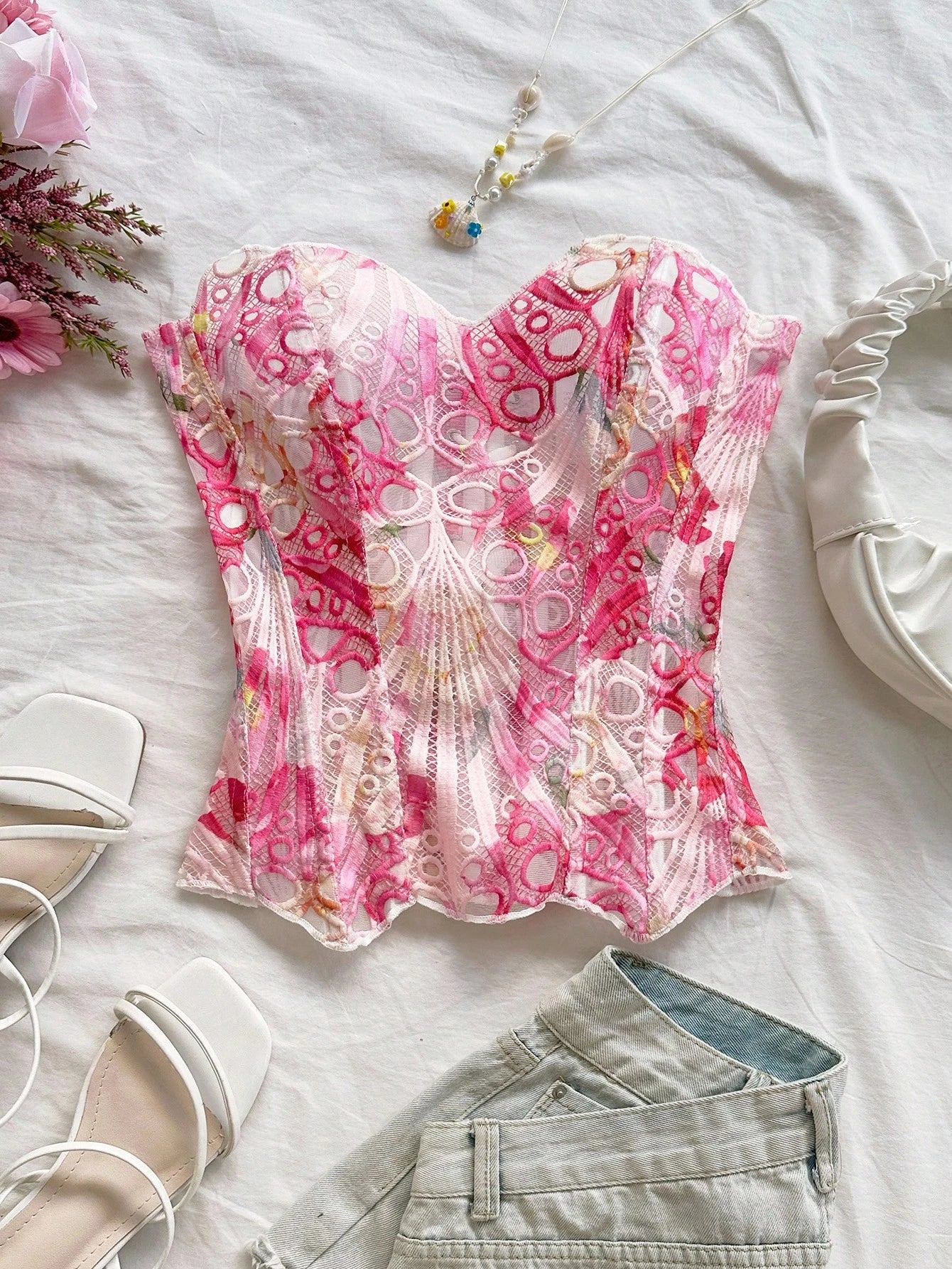 Soleia Orange Floral Summer Boho Holiday Vacation Holiday Bandeau Lace Double-Layer Fitted Corset Bustier Top, Hollow Embroidered, Women No Chest Padding