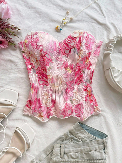 Soleia Orange Floral Summer Boho Holiday Vacation Holiday Bandeau Lace Double-Layer Fitted Corset Bustier Top, Hollow Embroidered, Women No Chest Padding