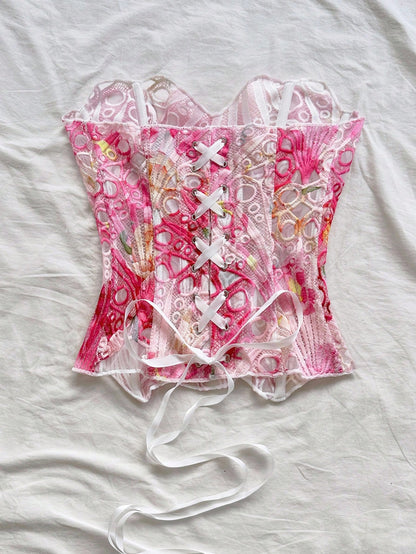 Soleia Orange Floral Summer Boho Holiday Vacation Holiday Bandeau Lace Double-Layer Fitted Corset Bustier Top, Hollow Embroidered, Women No Chest Padding