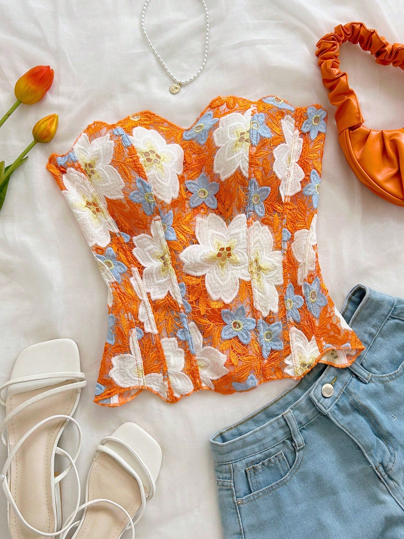 Soleia Orange Floral Summer Boho Holiday Vacation Holiday Bandeau Lace Double-Layer Fitted Corset Bustier Top, Hollow Embroidered, Women No Chest Padding