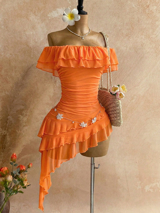 Soleia Orange Summer Casual Beach Holiday Vacation Knit Mesh Strapless Fitted Multilayer Ruffle Asymmetric Hem Dress,Bohemian Boho Garden Tea Party Holiday
