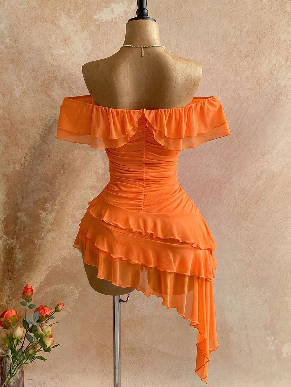 Soleia Orange Summer Casual Beach Holiday Vacation Knit Mesh Strapless Fitted Multilayer Ruffle Asymmetric Hem Dress,Bohemian Boho Garden Tea Party Holiday
