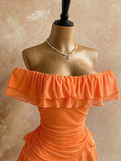 Soleia Orange Summer Casual Beach Holiday Vacation Knit Mesh Strapless Fitted Multilayer Ruffle Asymmetric Hem Dress,Bohemian Boho Garden Tea Party Holiday