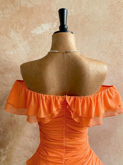 Soleia Orange Summer Casual Beach Holiday Vacation Knit Mesh Strapless Fitted Multilayer Ruffle Asymmetric Hem Dress,Bohemian Boho Garden Tea Party Holiday