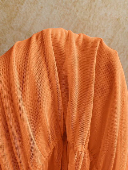 Soleia Orange Summer Casual Beach Holiday Vacation Knit Mesh Strapless Fitted Multilayer Ruffle Asymmetric Hem Dress,Bohemian Boho Garden Tea Party Holiday