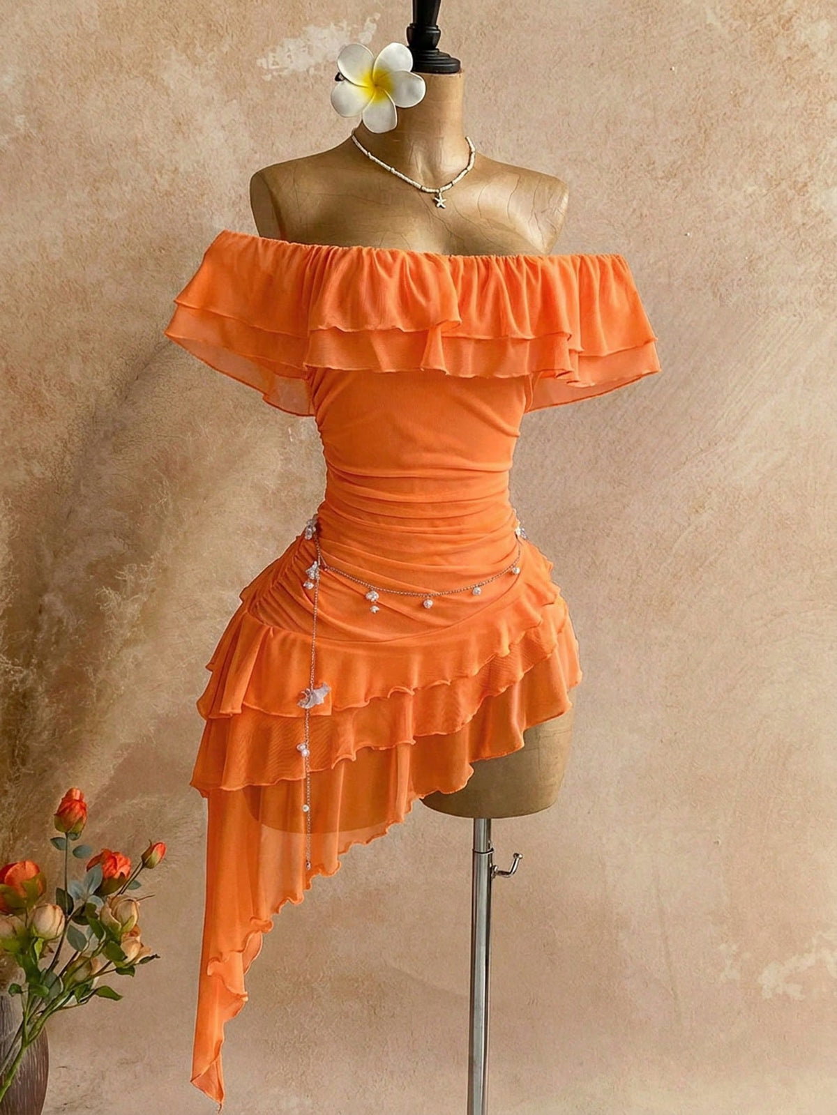 Soleia Orange Summer Casual Beach Holiday Vacation Knit Mesh Strapless Fitted Multilayer Ruffle Asymmetric Hem Dress,Bohemian Boho Garden Tea Party Holiday