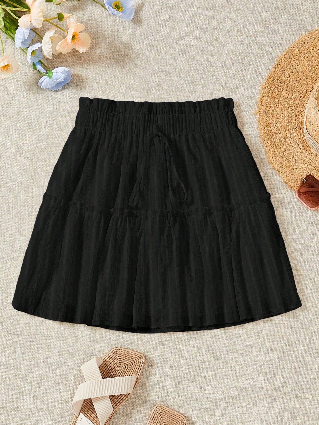 Soleia Paperbag Waist Frill Trim Knot Front Ruffle Hem Skirt