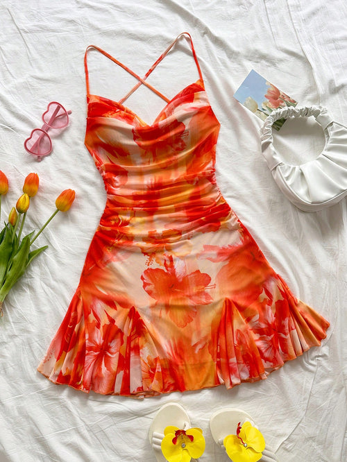 Soleia Women's Beige Summer Boho Holiday Vacation Orange & White Spaghetti Strap Draped Neck Backless Bowknot Mermaid Mini Dress, No Chest Padding