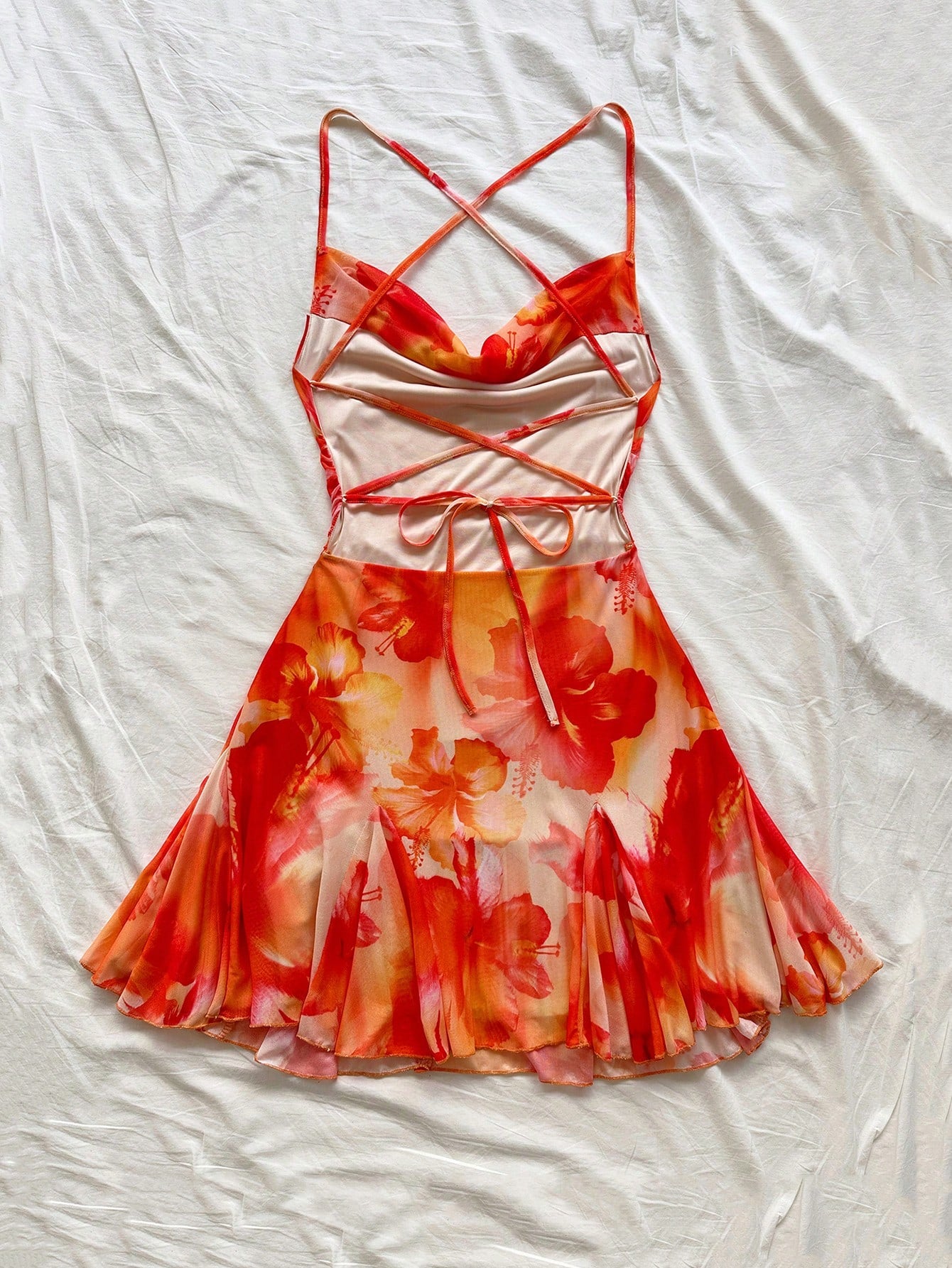 Soleia Women's Beige Summer Boho Holiday Vacation Orange & White Spaghetti Strap Draped Neck Backless Bowknot Mermaid Mini Dress, No Chest Padding