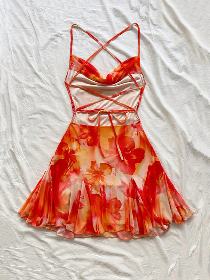Soleia Women's Beige Summer Boho Holiday Vacation Orange & White Spaghetti Strap Draped Neck Backless Bowknot Mermaid Mini Dress, No Chest Padding
