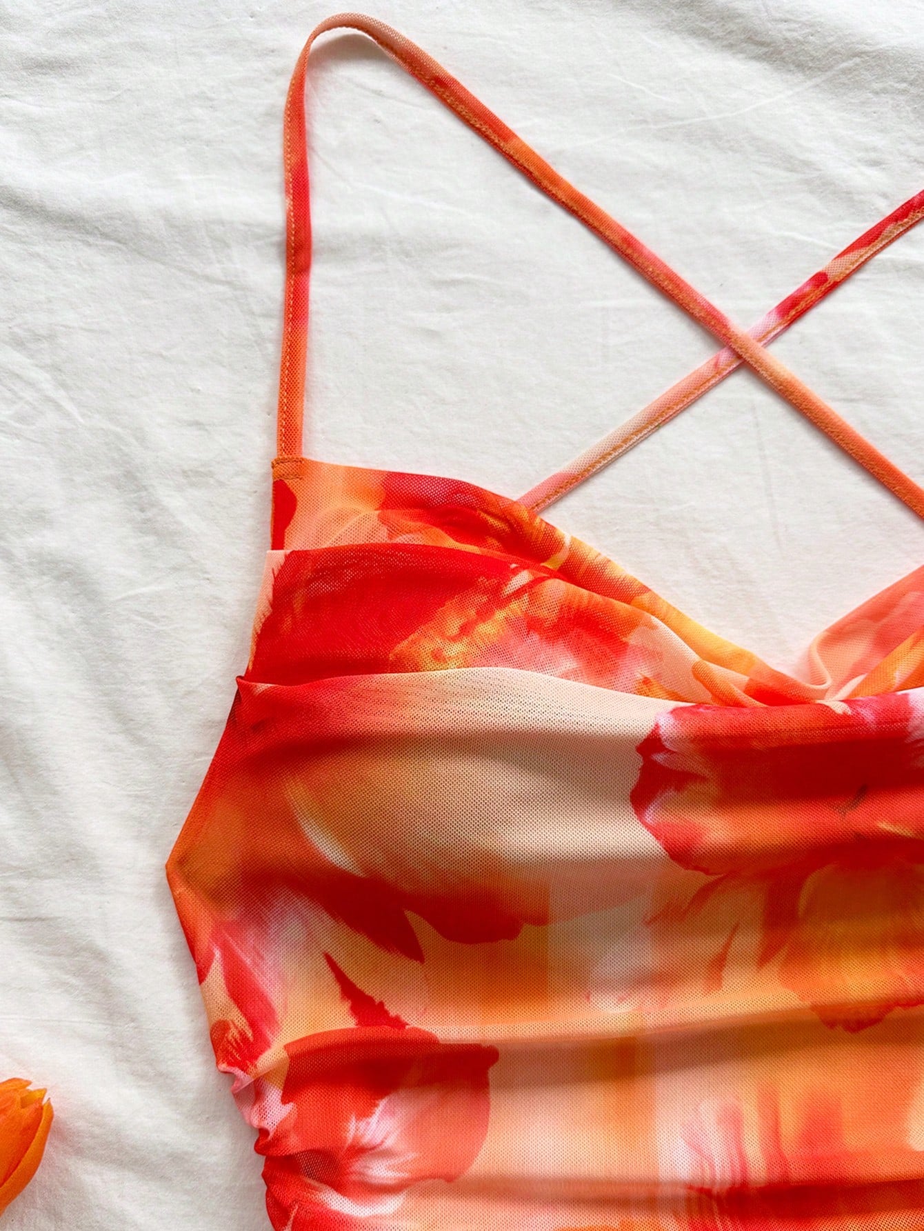 Soleia Women's Beige Summer Boho Holiday Vacation Orange & White Spaghetti Strap Draped Neck Backless Bowknot Mermaid Mini Dress, No Chest Padding
