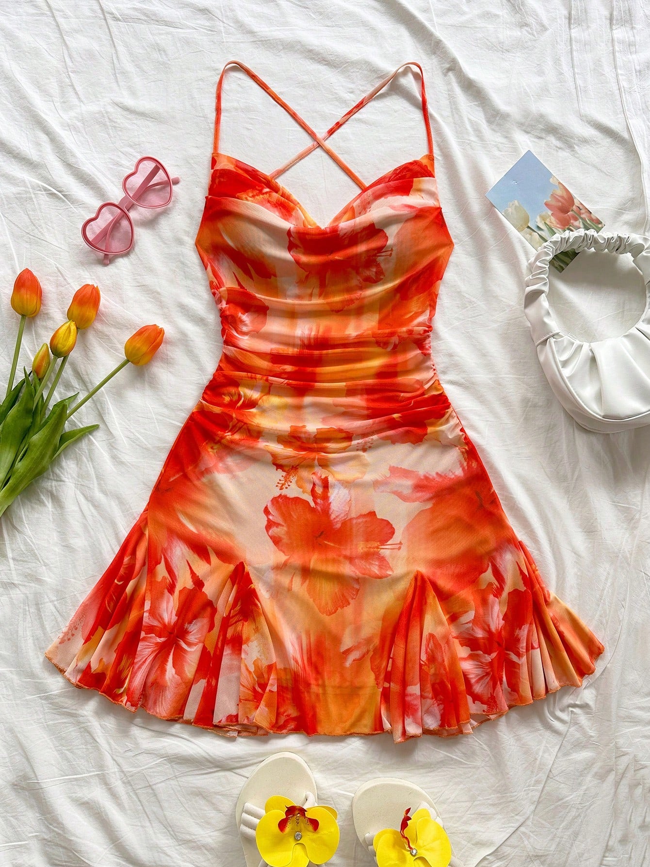Soleia Women's Beige Summer Boho Holiday Vacation Orange & White Spaghetti Strap Draped Neck Backless Bowknot Mermaid Mini Dress, No Chest Padding