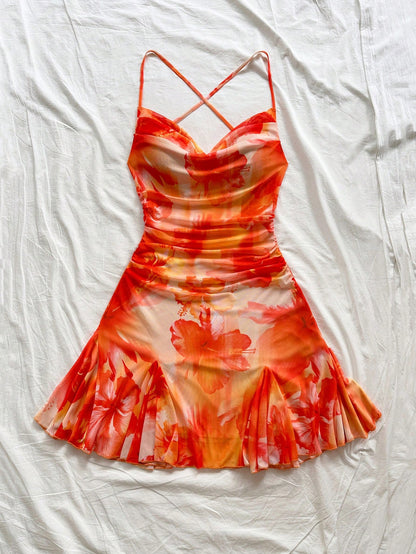 Soleia Women's Beige Summer Boho Holiday Vacation Orange & White Spaghetti Strap Draped Neck Backless Bowknot Mermaid Mini Dress, No Chest Padding
