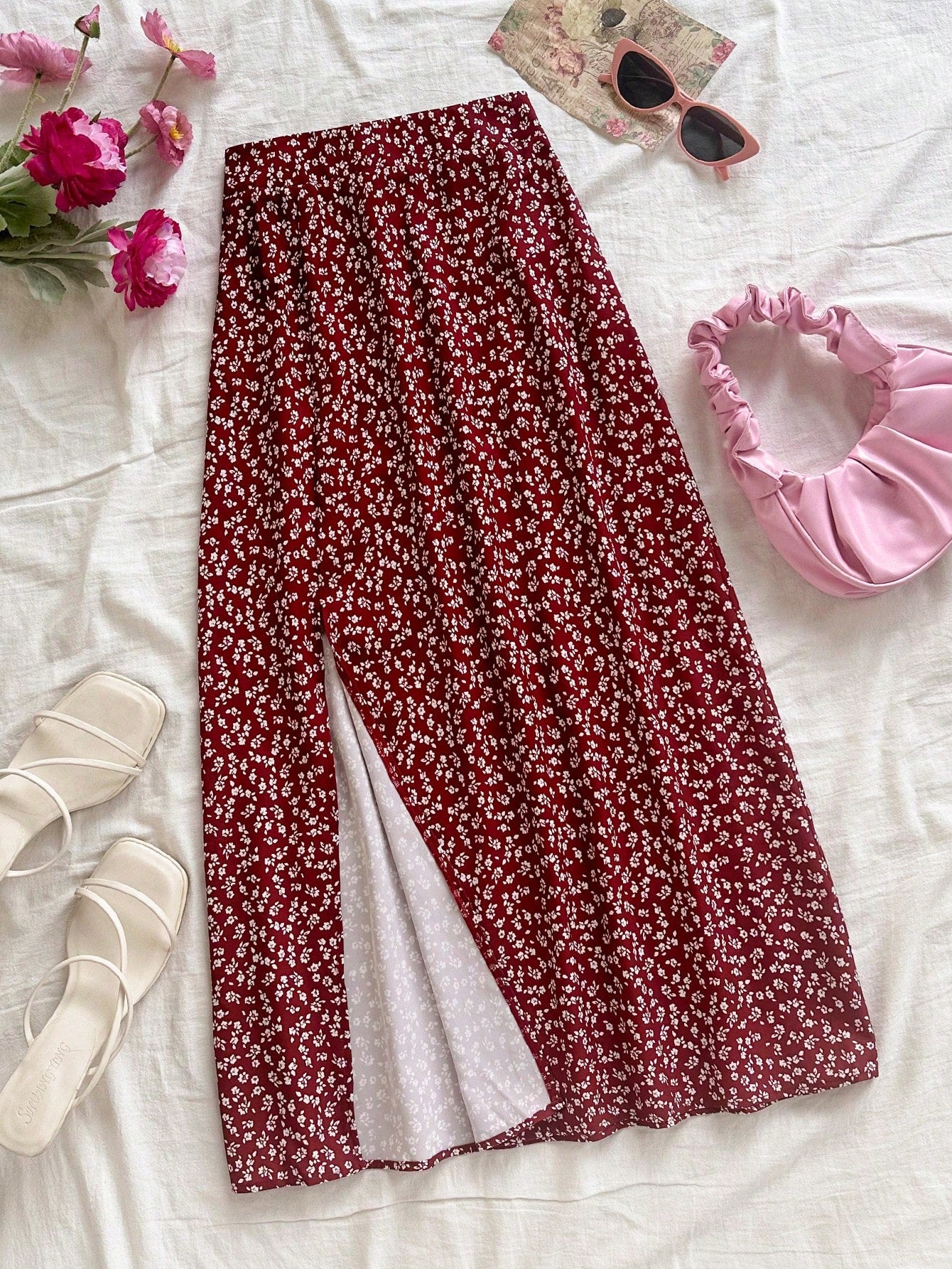 Soleia Women's Boho Burgundy Random Print Woven Fabric Midi Skirt With Slit And Zipper Detail Flower Print Skirt Long Floral Skirt