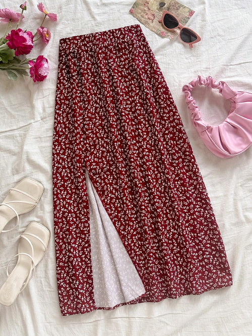 Soleia Women's Boho Burgundy Random Print Woven Fabric Midi Skirt With Slit And Zipper Detail Flower Print Skirt Long Floral Skirt