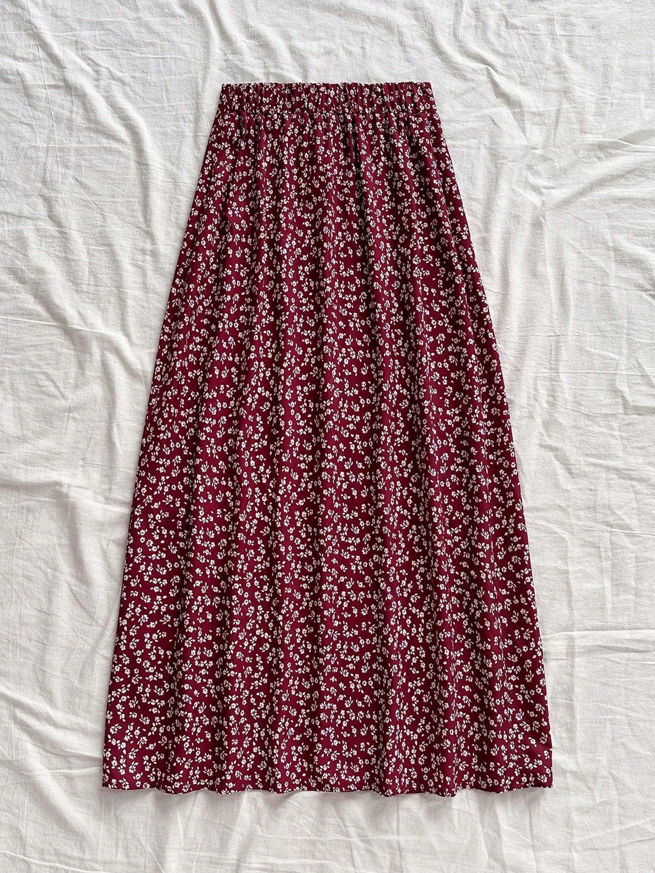 Soleia Women's Boho Burgundy Random Print Woven Fabric Midi Skirt With Slit And Zipper Detail Flower Print Skirt Long Floral Skirt