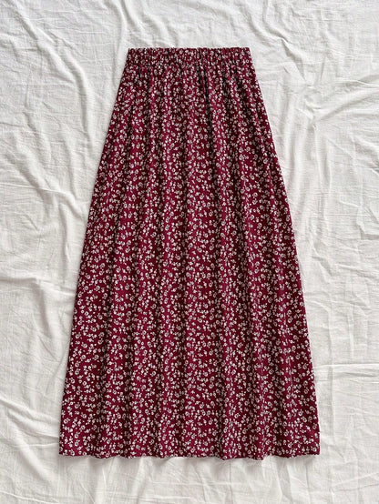 Soleia Women's Boho Burgundy Random Print Woven Fabric Midi Skirt With Slit And Zipper Detail Flower Print Skirt Long Floral Skirt