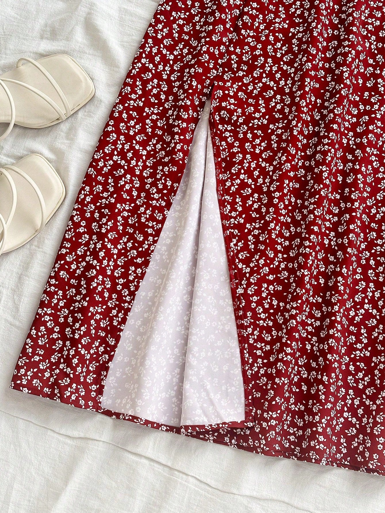 Soleia Women's Boho Burgundy Random Print Woven Fabric Midi Skirt With Slit And Zipper Detail Flower Print Skirt Long Floral Skirt