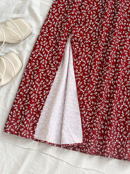 Soleia Women's Boho Burgundy Random Print Woven Fabric Midi Skirt With Slit And Zipper Detail Flower Print Skirt Long Floral Skirt