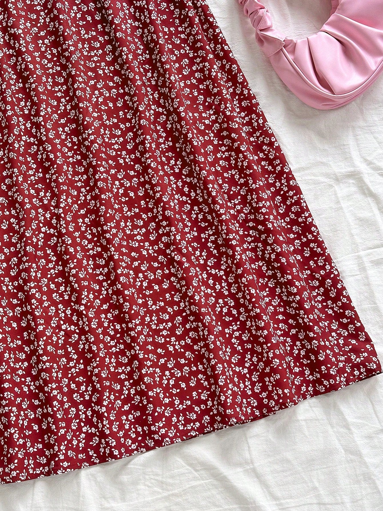 Soleia Women's Boho Burgundy Random Print Woven Fabric Midi Skirt With Slit And Zipper Detail Flower Print Skirt Long Floral Skirt
