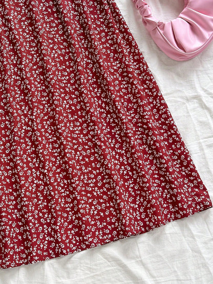 Soleia Women's Boho Burgundy Random Print Woven Fabric Midi Skirt With Slit And Zipper Detail Flower Print Skirt Long Floral Skirt