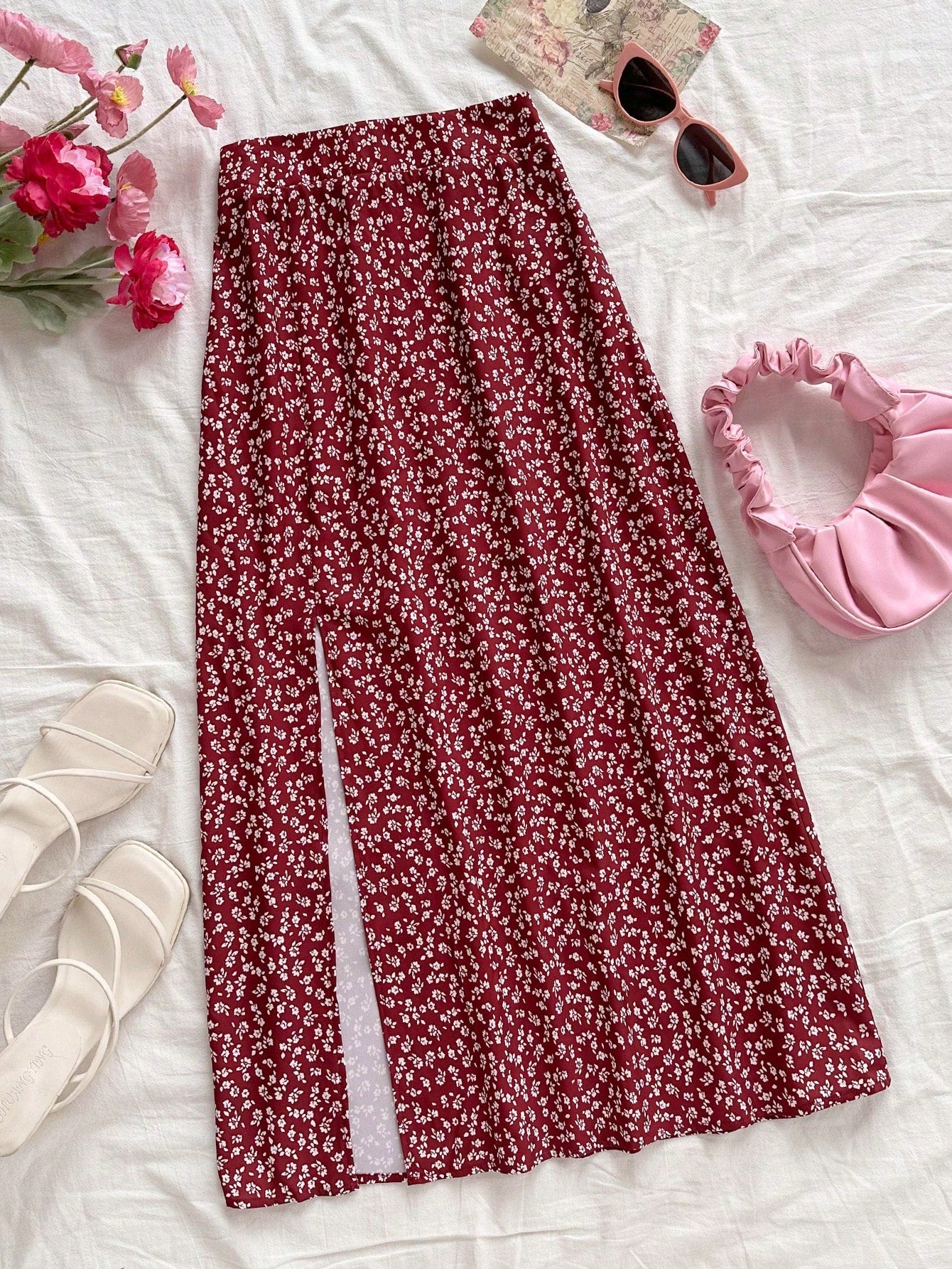 Soleia Women's Boho Burgundy Random Print Woven Fabric Midi Skirt With Slit And Zipper Detail Flower Print Skirt Long Floral Skirt