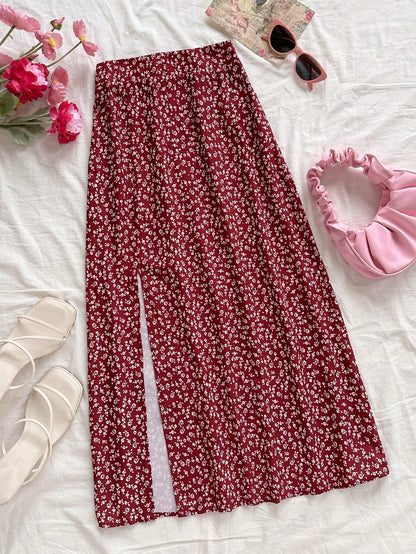 Soleia Women's Boho Burgundy Random Print Woven Fabric Midi Skirt With Slit And Zipper Detail Flower Print Skirt Long Floral Skirt