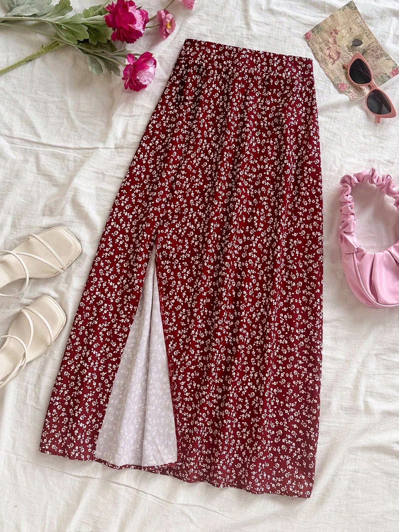 Soleia Women's Boho Burgundy Random Print Woven Fabric Midi Skirt With Slit And Zipper Detail Flower Print Skirt Long Floral Skirt