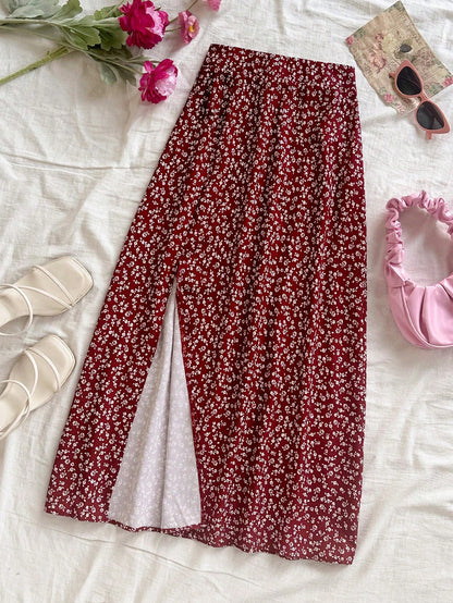 Soleia Women's Boho Burgundy Random Print Woven Fabric Midi Skirt With Slit And Zipper Detail Flower Print Skirt Long Floral Skirt