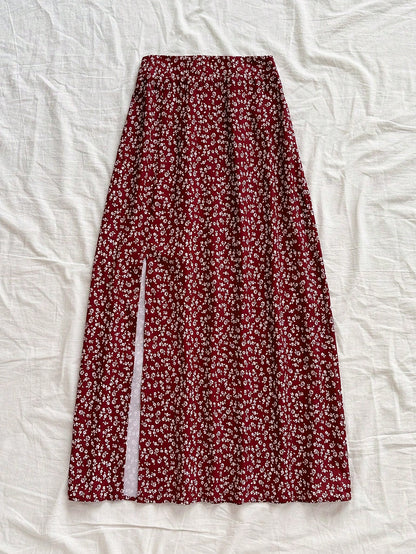 Soleia Women's Boho Burgundy Random Print Woven Fabric Midi Skirt With Slit And Zipper Detail Flower Print Skirt Long Floral Skirt