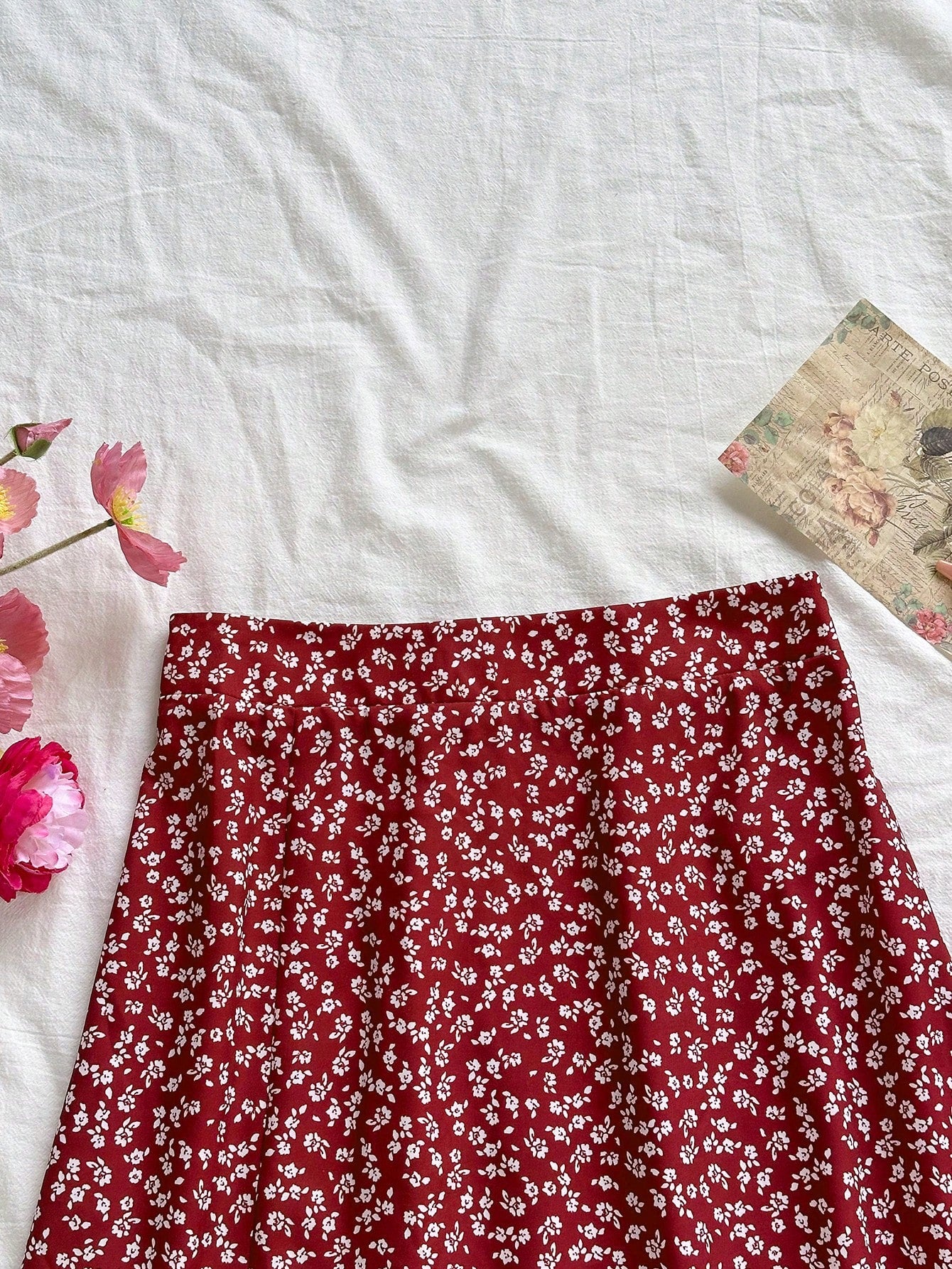 Soleia Women's Boho Burgundy Random Print Woven Fabric Midi Skirt With Slit And Zipper Detail Flower Print Skirt Long Floral Skirt