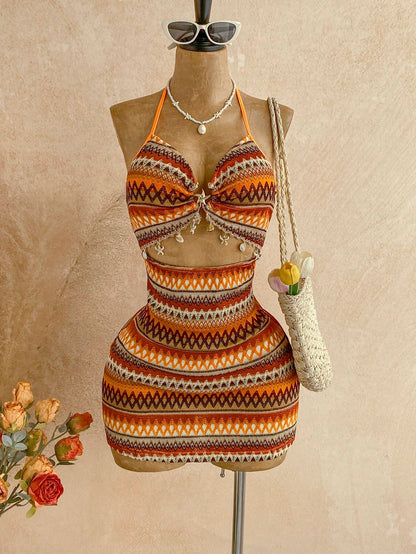 Soleia Women's Burnt Orange Boho Sexy Beach Summer Holiday V-Neck Starfish Metal Decor Tie-Up Backless Textured Fabric A-Line Hollow Mini Dress,Vacation
