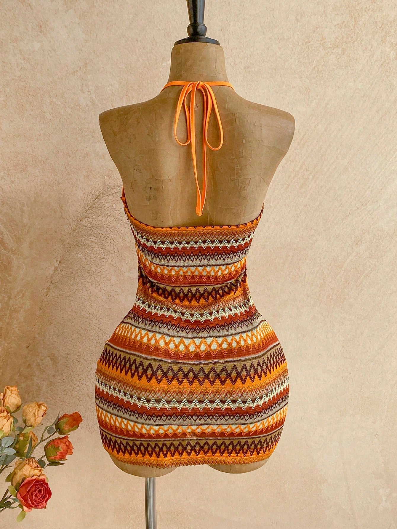 Soleia Women's Burnt Orange Boho Sexy Beach Summer Holiday V-Neck Starfish Metal Decor Tie-Up Backless Textured Fabric A-Line Hollow Mini Dress,Vacation
