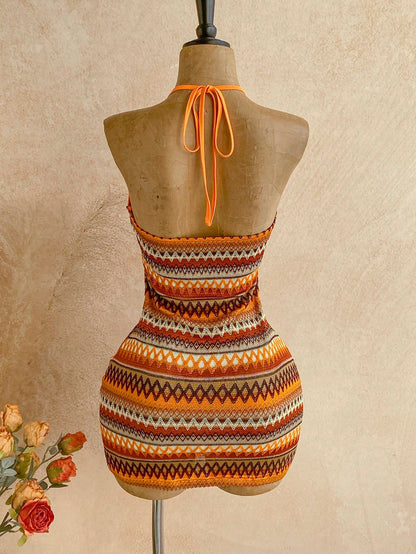 Soleia Women's Burnt Orange Boho Sexy Beach Summer Holiday V-Neck Starfish Metal Decor Tie-Up Backless Textured Fabric A-Line Hollow Mini Dress,Vacation