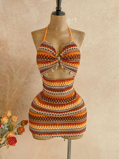Soleia Women's Burnt Orange Boho Sexy Beach Summer Holiday V-Neck Starfish Metal Decor Tie-Up Backless Textured Fabric A-Line Hollow Mini Dress,Vacation