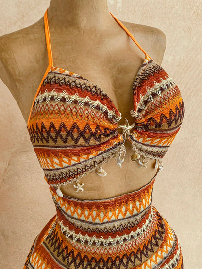 Soleia Women's Burnt Orange Boho Sexy Beach Summer Holiday V-Neck Starfish Metal Decor Tie-Up Backless Textured Fabric A-Line Hollow Mini Dress,Vacation