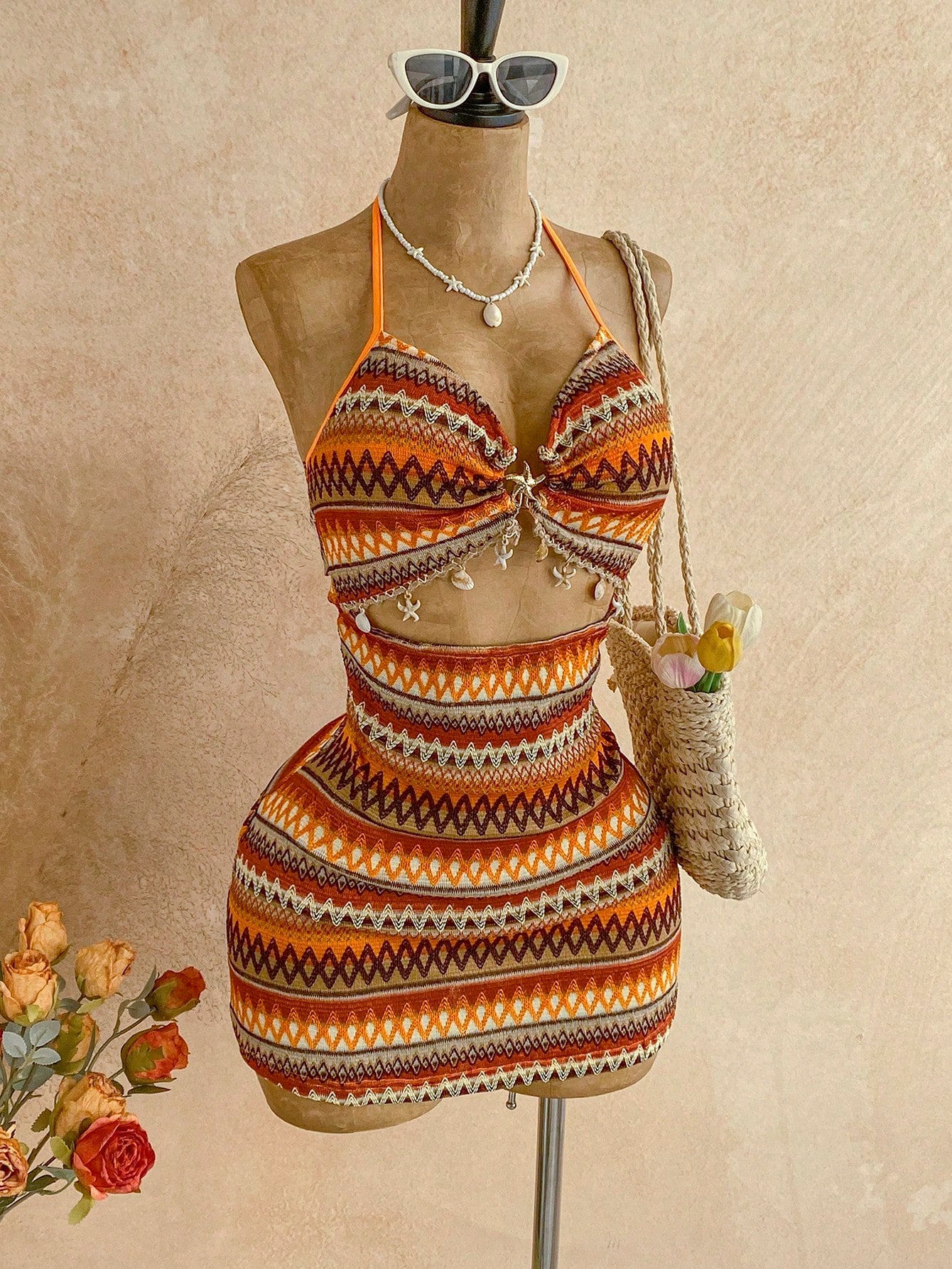Soleia Women's Burnt Orange Boho Sexy Beach Summer Holiday V-Neck Starfish Metal Decor Tie-Up Backless Textured Fabric A-Line Hollow Mini Dress,Vacation