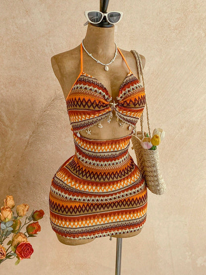 Soleia Women's Burnt Orange Boho Sexy Beach Summer Holiday V-Neck Starfish Metal Decor Tie-Up Backless Textured Fabric A-Line Hollow Mini Dress,Vacation