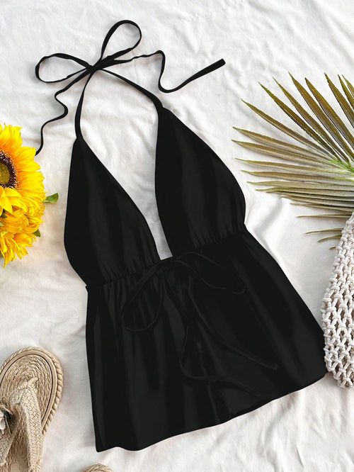 Soleia Women's Casual Halter Neck Black Lace-Up Backless Tank Top, Suitable For Summer Suitable For Going Out